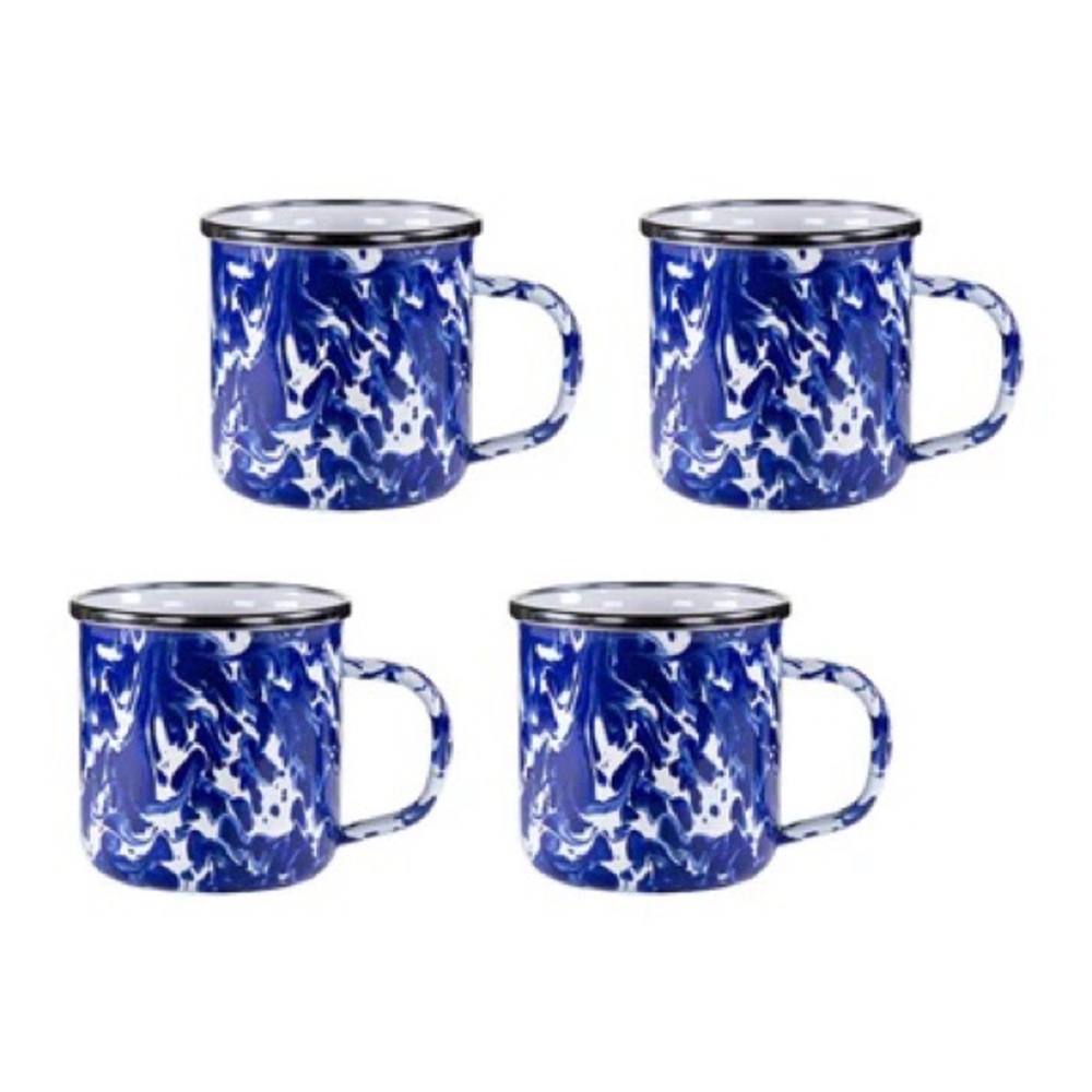 GOLDEN RABBIT ENAMELWARE SET OF 4 ADULT MUGS IN COBALT SWIRL New in box.